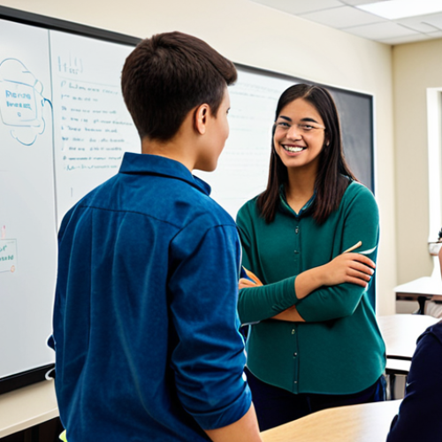 Home 21 A diverse group of high school students, adolescents, and a professional educator in a modern, technology-integrated classroom. Students are wearing modest, appropriate casual attire, actively engaged in a collaborative project, some interacting with digital screens, others discussing. The educator, dressed in professional business casual, observes or offers guidance. The classroom features an interactive whiteboard and individual learning devices. This image depicts innovation in education and digital literacy. Perfect anatomy, correct proportions, natural poses, well-formed hands, proper finger count, natural body proportions. Professional photography, high quality, realistic. Safe for work, appropriate content, fully clothed, professional, family-friendly.