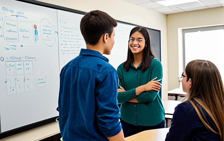 A diverse group of high school students, adolescents, and a professional educator in a modern, technology-integrated classroom. Students are wearing modest, appropriate casual attire, actively engaged in a collaborative project, some interacting with digital screens, others discussing. The educator, dressed in professional business casual, observes or offers guidance. The classroom features an interactive whiteboard and individual learning devices. This image depicts innovation in education and digital literacy. Perfect anatomy, correct proportions, natural poses, well-formed hands, proper finger count, natural body proportions. Professional photography, high quality, realistic. Safe for work, appropriate content, fully clothed, professional, family-friendly.