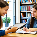Personalized Tutoring Session**

A fully clothed, professional female teacher with a friendly smile is helping a high school student in modest clothing with algebra. They are sitting at a desk in a brightly lit, modern library. The student is looking attentively at a tablet displaying a chatbot interface explaining a mathematical concept. Bookshelves and other students studying are visible in the background. Perfect anatomy, correct proportions, natural pose, well-formed hands, proper finger count. Safe for work, appropriate content, fully clothed, professional, modest, family-friendly.

**