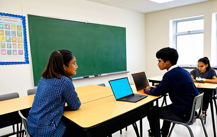 중학교 수업 자료 공유 - Differentiated Learning**
A high school classroom scene. Students are working on diverse projects: ...