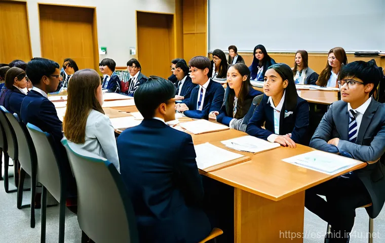 중학교 시민 교육 - **Navigating the Digital World Responsibly**
    A group of diverse teenagers, aged 16-17, are seate...