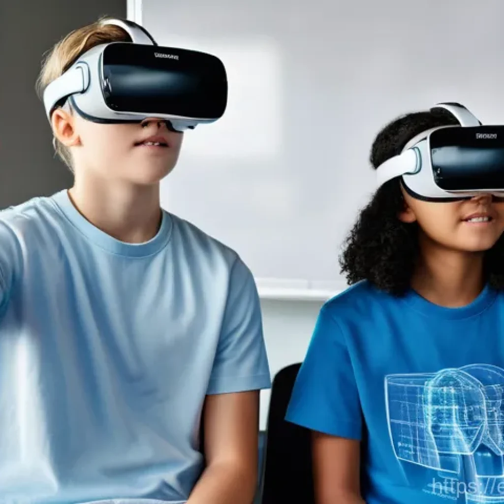 중학교 학생 맞춤 지도법 - **Immersive VR Learning Experience:** A diverse group of 4-5 high school students, aged 15-17, are i...