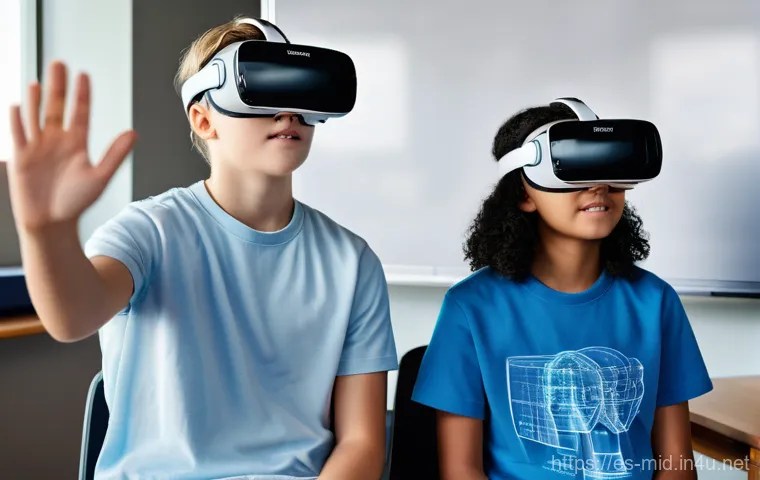 중학교 학생 맞춤 지도법 - **Immersive VR Learning Experience:** A diverse group of 4-5 high school students, aged 15-17, are i...
