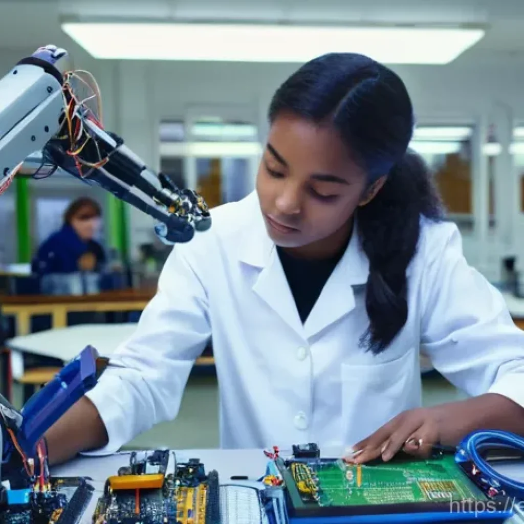 중학교 선택 과목 - **Exploring the Spark of Robotics**: A vibrant, medium shot capturing a diverse group of high school...