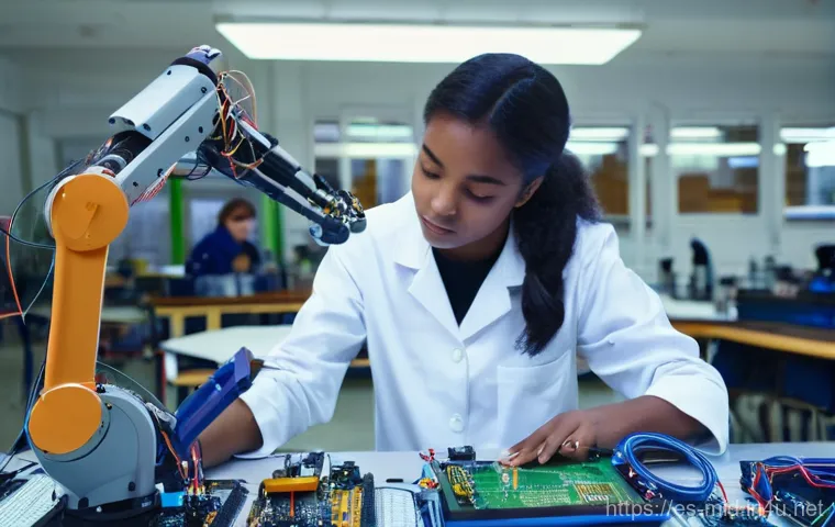 중학교 선택 과목 - **Exploring the Spark of Robotics**: A vibrant, medium shot capturing a diverse group of high school...