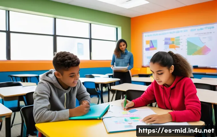 중학교 학습 스타일 분석 - A bright and colorful classroom scene featuring a diverse group of Spanish-speaking teenagers engagi...