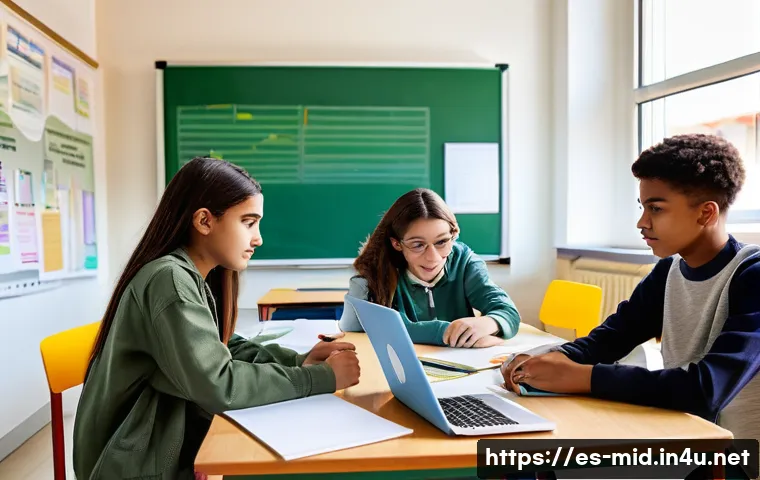 중학교 교사 연수 - A modern secondary school classroom scene in Spain featuring a diverse group of teenagers collaborat...