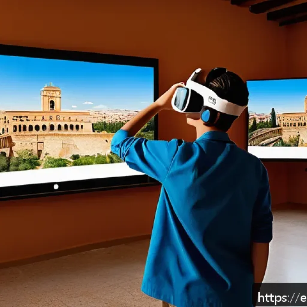 중학교 역사 교육 방법 - A modern Spanish classroom with diverse students using augmented reality glasses and virtual reality...