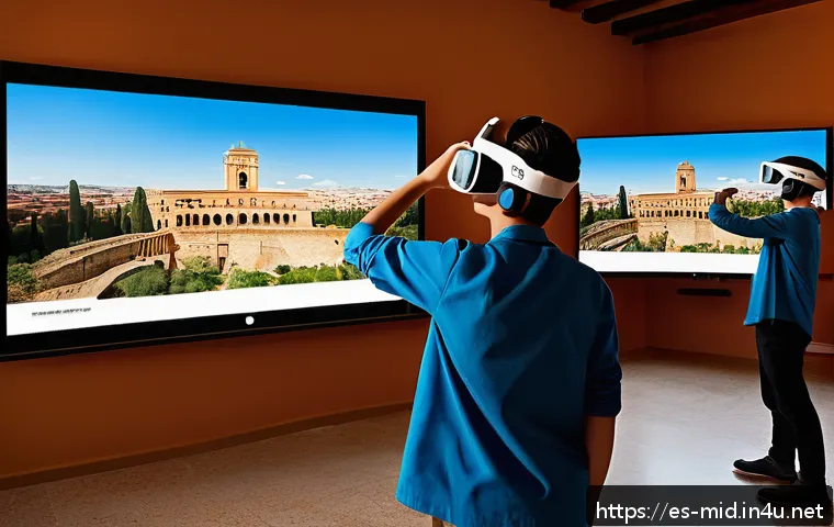 중학교 역사 교육 방법 - A modern Spanish classroom with diverse students using augmented reality glasses and virtual reality...