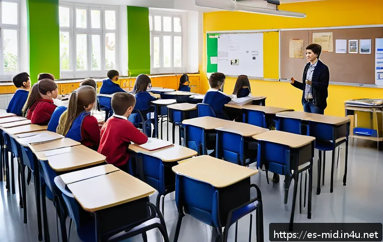 중학교 교육철학 - A modern secondary school classroom scene focused on a diverse group of teenage students actively en...