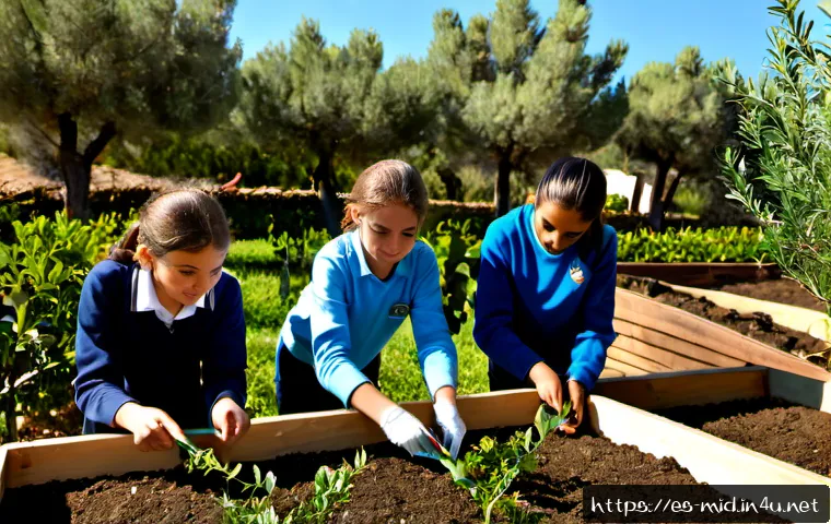 중학교 교과 연계 활동 - Photorealistic middle school students in Spain conducting a hands-on ecology lesson in a sunny Medit...